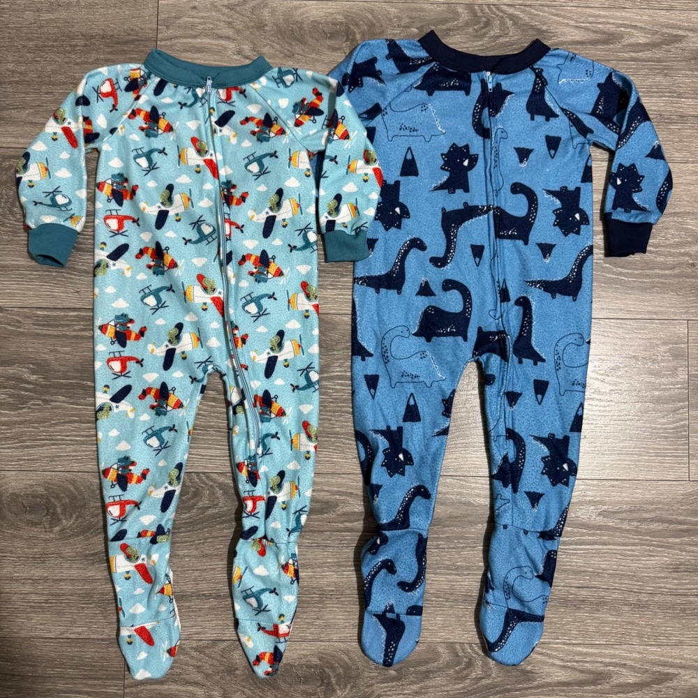 Mon Petit Baby Boys‎ 12M Fleece Footed Pajamas 2 Pack Dinosaur Airplane Blue